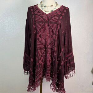 Johnny Was Renee Lace Blouse L Burgundy Embroidered Boho Retro Resort  MSRP $268